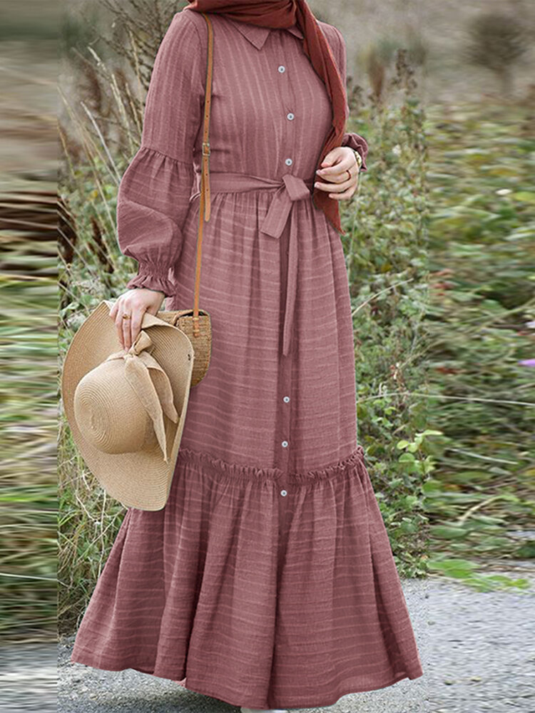Striped Long Sleeve Turn-down Collar Long Sleeve Maxi Dress With Belt