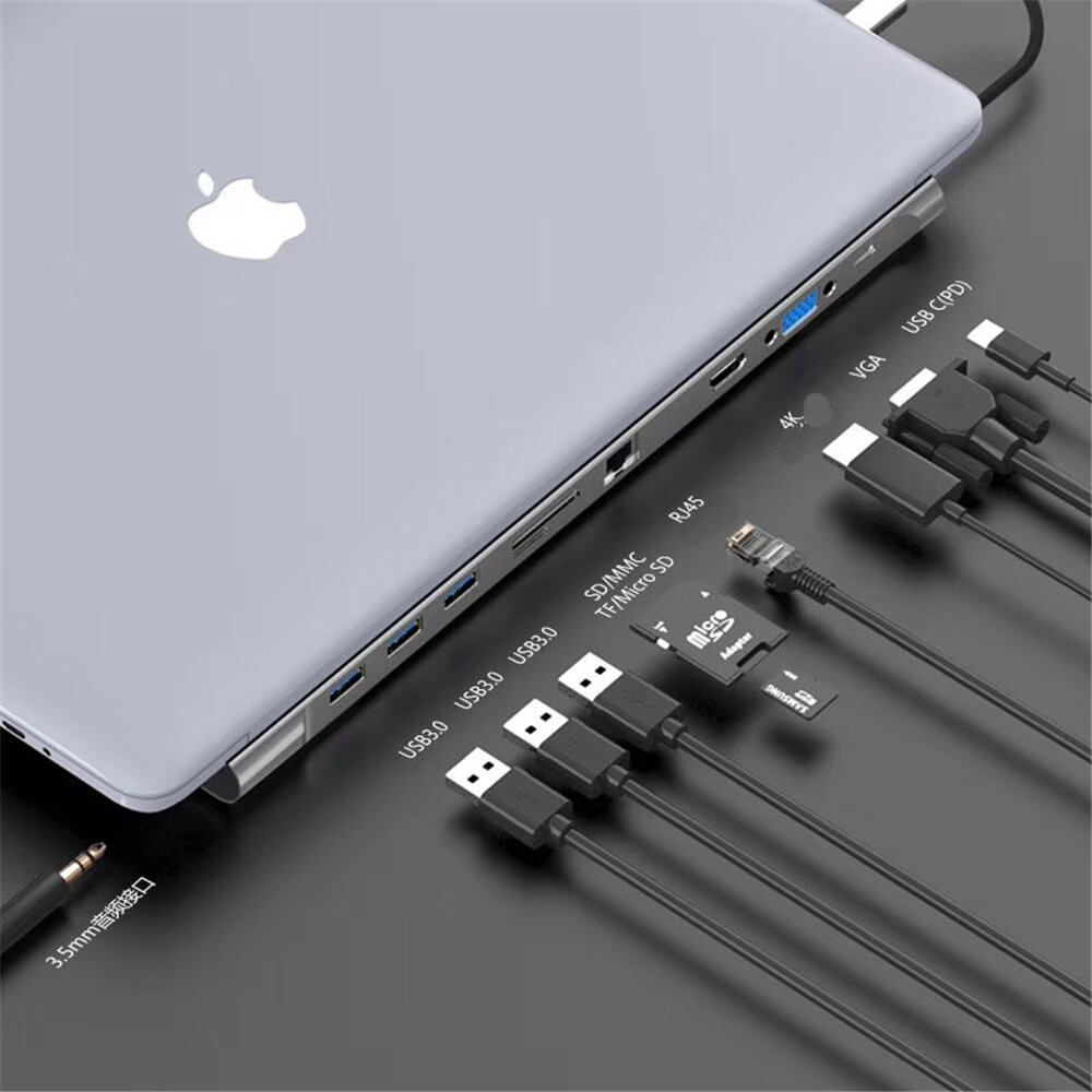 

Bakeey 10 In 1 USB-C Hub Docking Station Adapter With 3 * USB 3.0 / 60W Type-C PD / 4K HDMI Video Output / 1080P VGA / R
