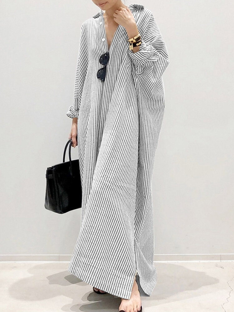 Women Long Sleeve Solid Color Striped Ankle Length Lapel Collar Midi Dresses