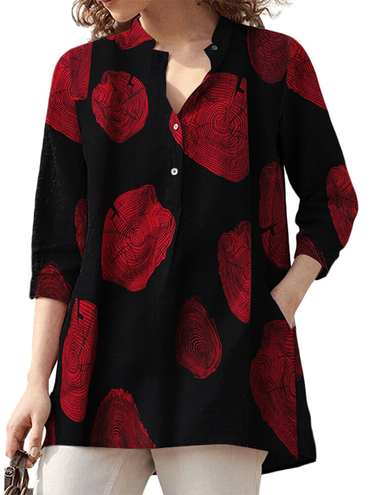 100 Cotton Plus Size V Neck Floral Casual Button Cuffs Thin Blouse for women