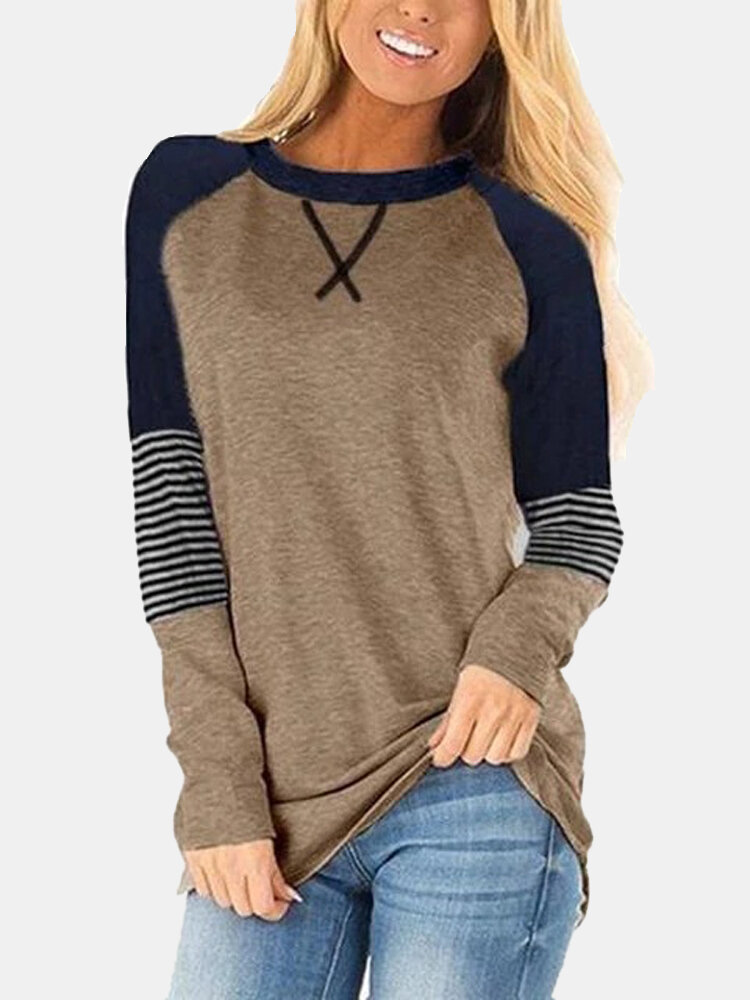Women Contrast Patchwork Stripe Round Neck Casual Raglan Sleeve Sweatshirts