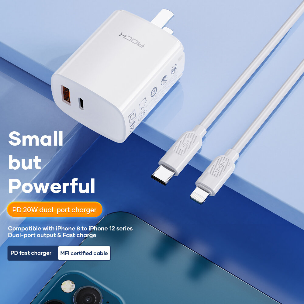 

ROCK 20W PD Dual Ports QC PD Charger for iPhone 12 Pro Max for Samsung Galaxy Note S20 ultra Huawei Mate40 OnePlus 8 Pro