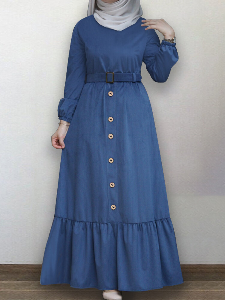 Women Ruffle Hem Solid Color Button Belted Casual Long Sleeve Maxi Dress