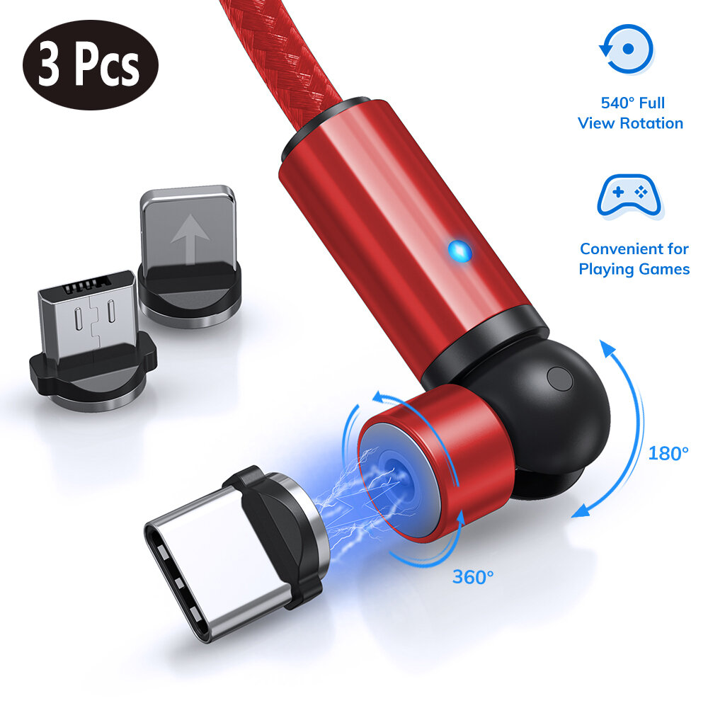 

[3Pcs Red] TOPK AM68 3 In 1 Magnetic Cable 540° Rotation Elbow LED Indicator Fast Charging Data Transmission Cord Line 1