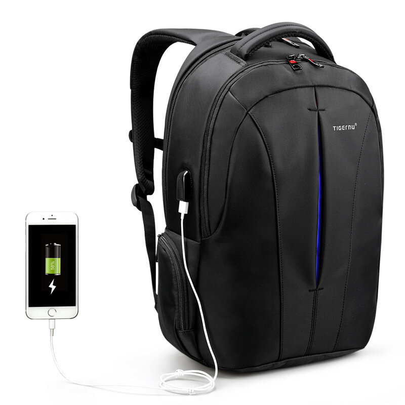 Zaino Tigernu T-B3105 per laptop da 15 pollici, impermeabile da 20L, nero con blu per campeggio e viaggi con ricarica USB.