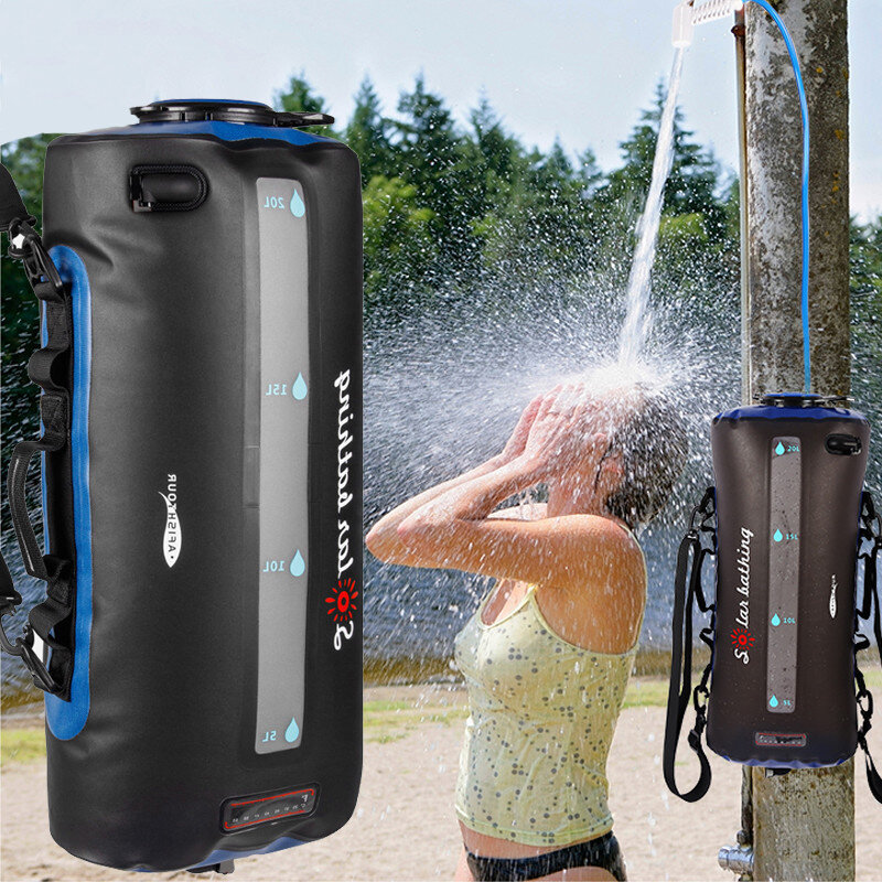 Bolsa de ducha portátil de 20L calentada por energía solar con bomba de pie y boquilla de presión, ideal para acampar y actividades al aire libre.