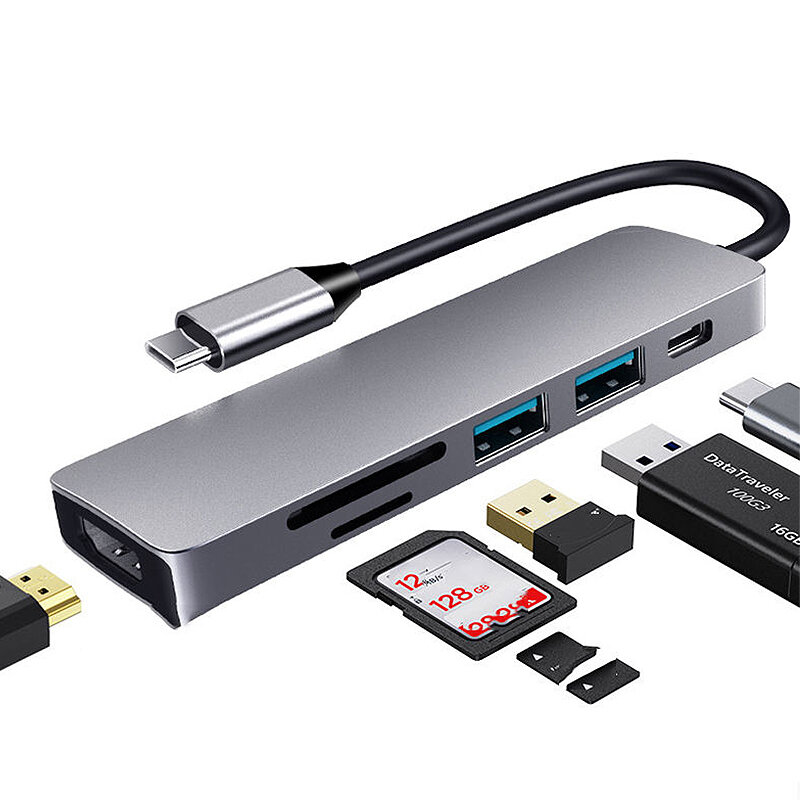 

6 in 1 Type-C Docking Station USB-C Hub Splitter Adaptor with USB3.0*2 PD3.0 4K HDMI Support SD/TF Card Reader Slot Mult
