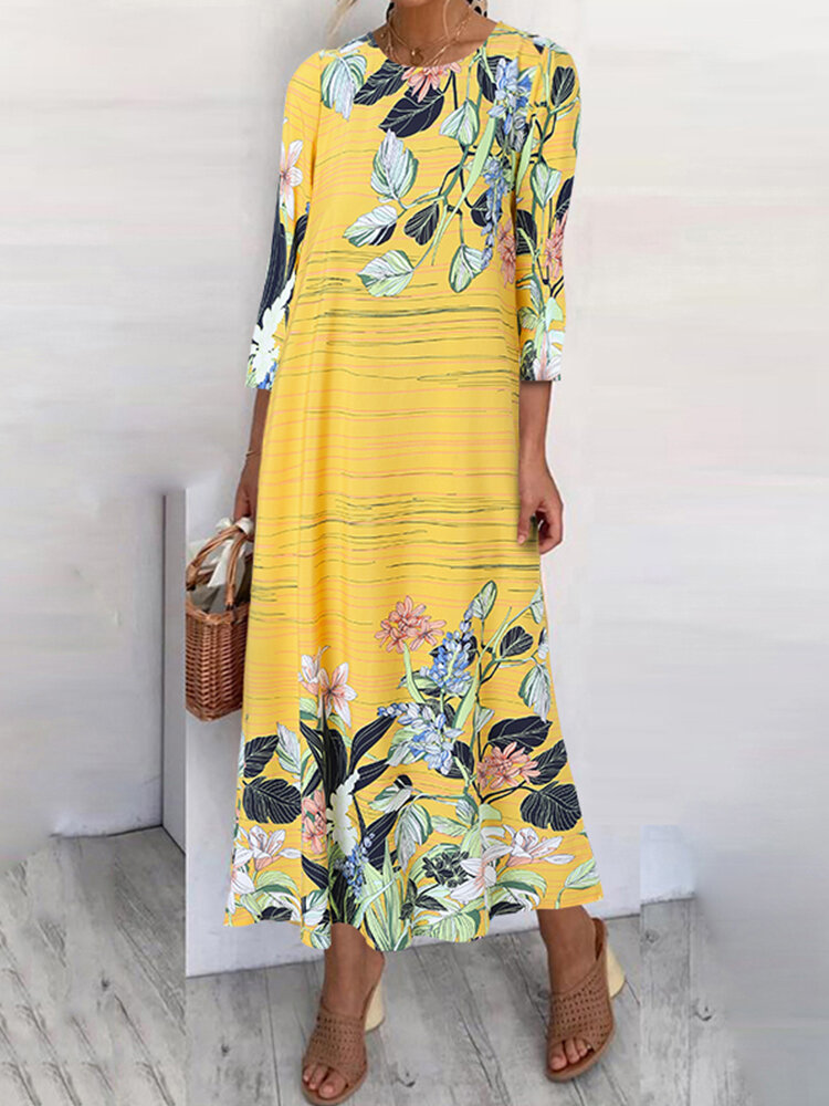 Women Plants Flowers Print O-Neck A-Line Loose Casual Maxi Dress With Pocket