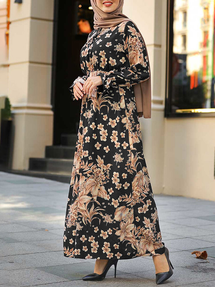 Women Flowers Print Ruffle Cuffs Lace-Up Stand Collar Casual Maxi Muslim?Dress?Abaya?Kaftan