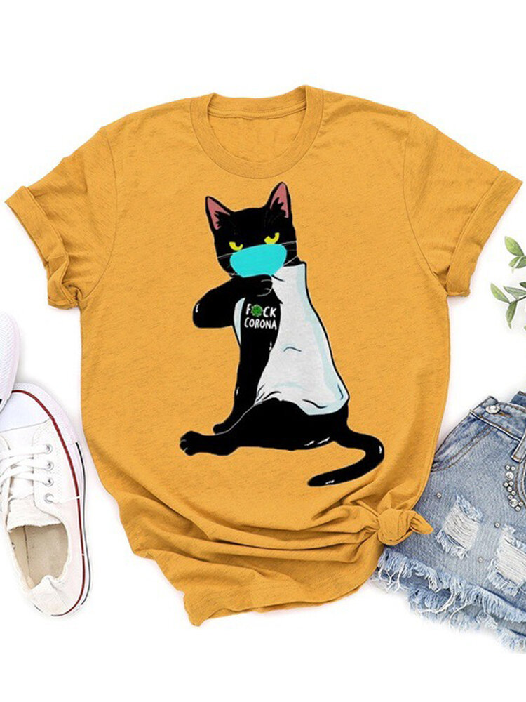 Cartoon Masks Cat Print Personalized Short Sleeve Loose Casual T-shirts