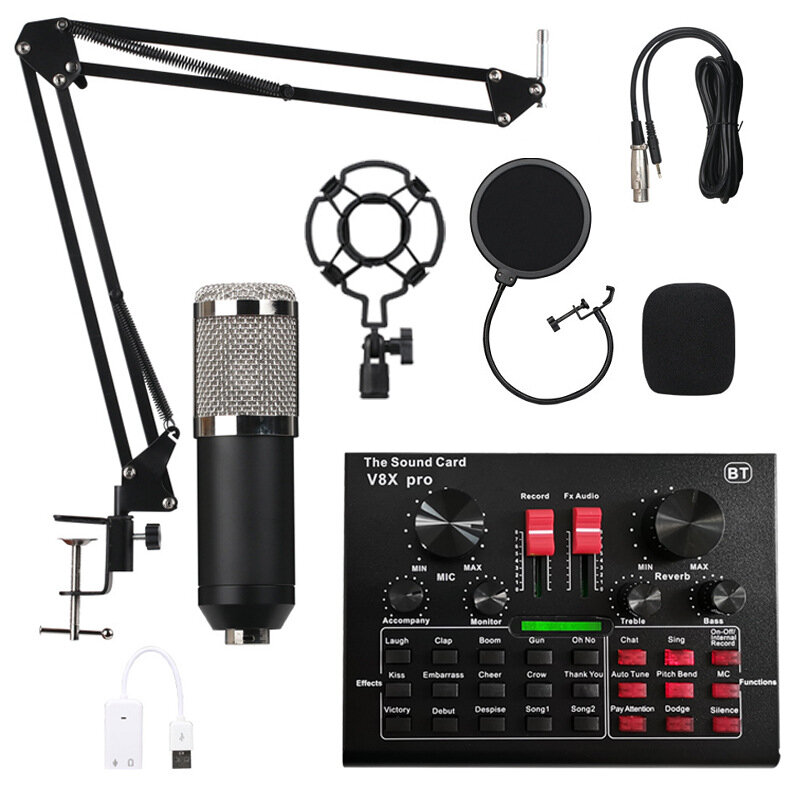 

Конденсатор Микрофон со звуковой картой для записи Live Studio Mount Boom Stand Mic Набор для прямой трансляции K Song
