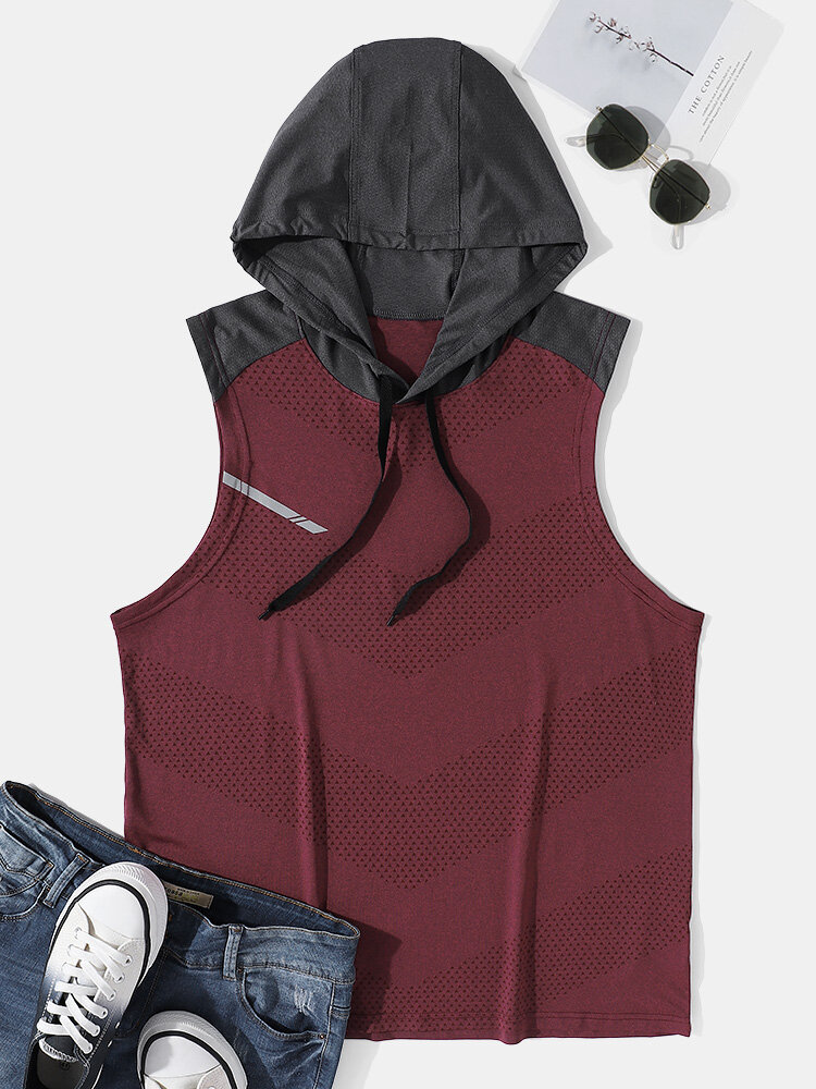 Men Patchwork Hooded Drawstring Sleeveless Breathable Loose Activewear Tops