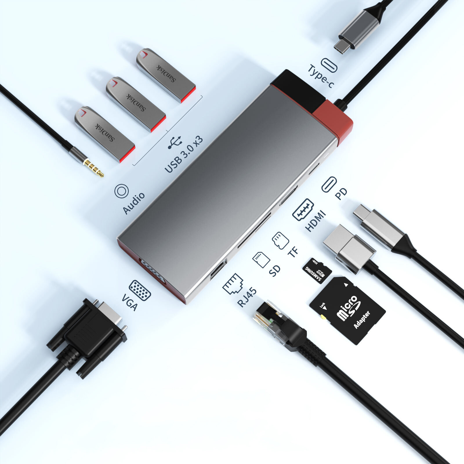 

Basix 10 in 1 USB Hub Type-C Docking Station to PD 100W USB3.0*3 SD TF RJ45 1000M VGA 3.5mm Audio for Macbook