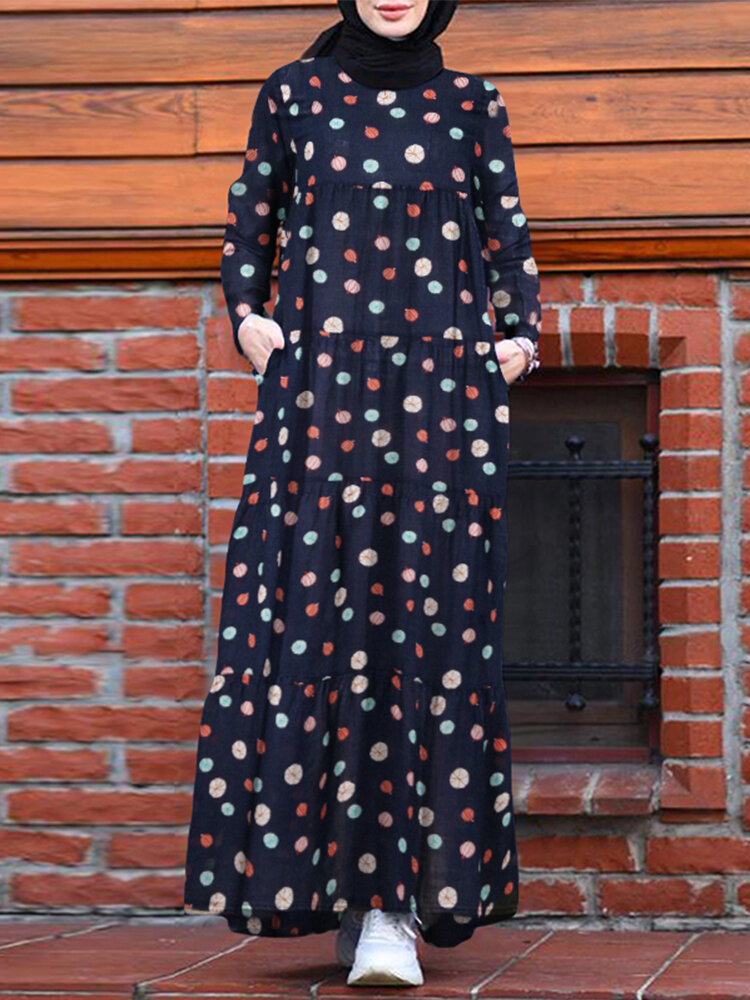 Dames Colorful Bloemenprint, gelaagde patchwork, geplooide casual moslimjurk met lange mouwen