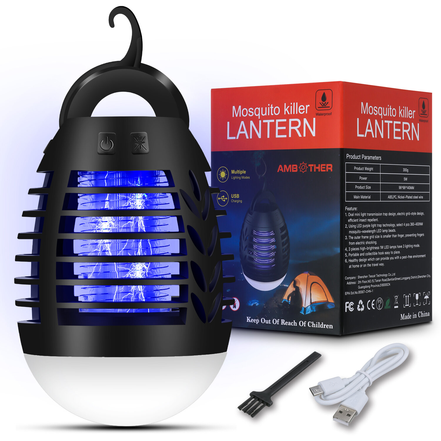 AMBOTHER 5W Электрический убийца комаров Москитная лампа 3 вида света USB-зарядка IP67 Водонепроницаемый на открытом воздухе и в помещении