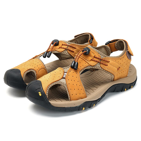 51% OFF on Men Anti Collision Toe Breathable Hollow Outs Adjustable Lace Up Sandals Shoes