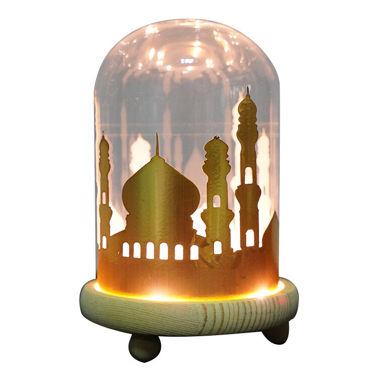 Batterij-aangedreven Ramadan Moskee Nachtlicht Glasomslag Houten Basis Decoratie Cadeau
