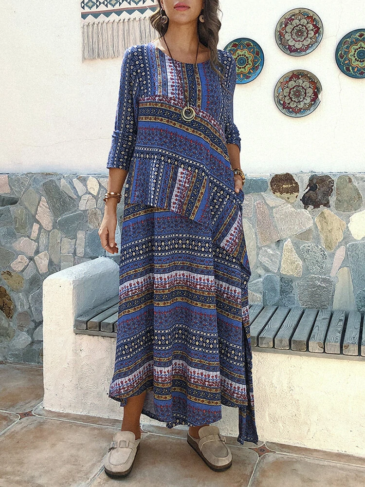 Irregular knit print crewneck vintage plus size dress