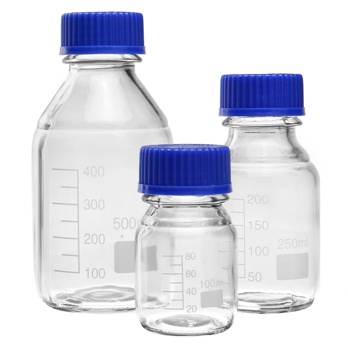 100/250/500 ml borosilicaatglas, heldere reagensfles, blauwe schroefdop, laboratoriumopslagfles