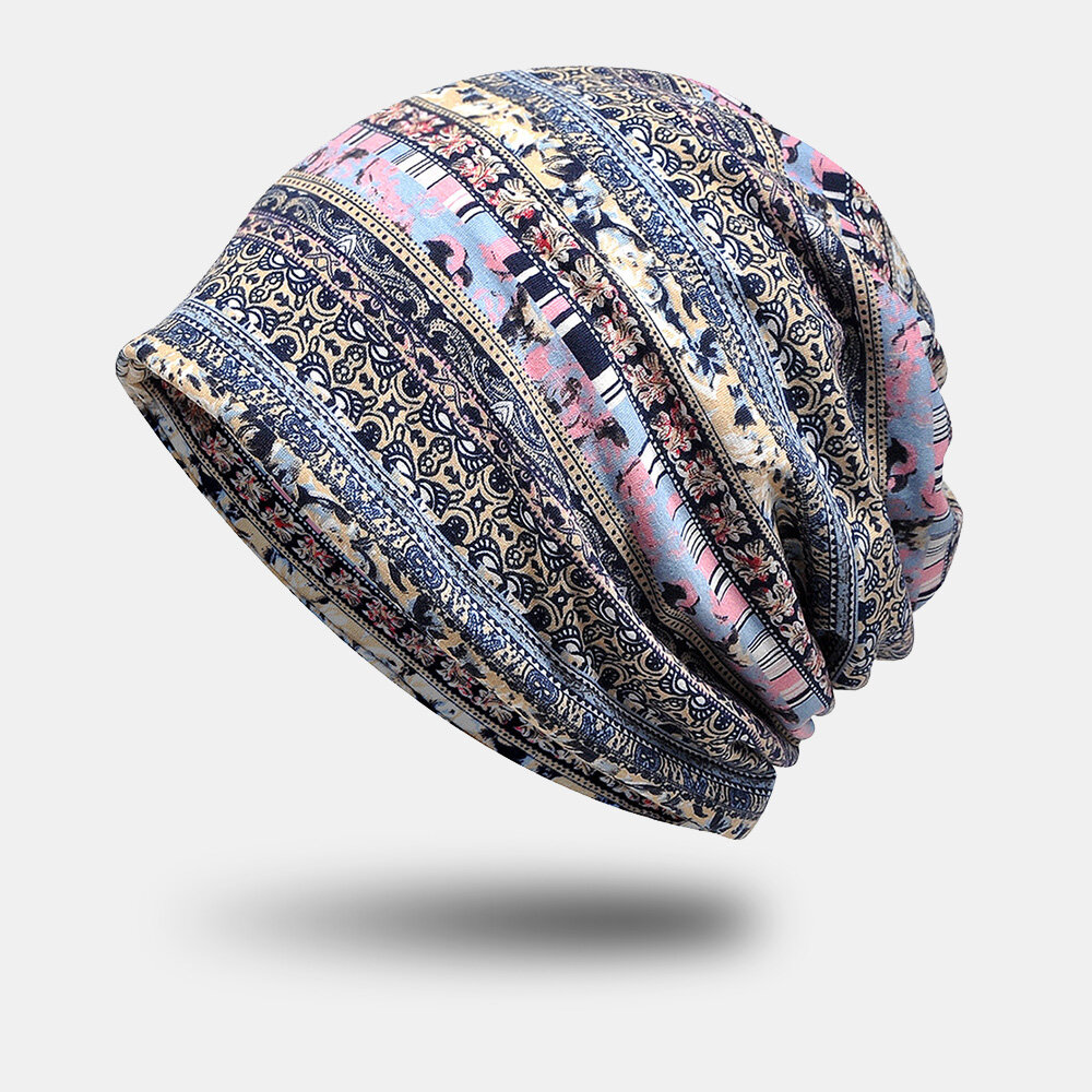 

Women Polyester Cotton Overlay Ethnic Pattern Print Elastic Dual-use Bib Scarf Beanie Hat