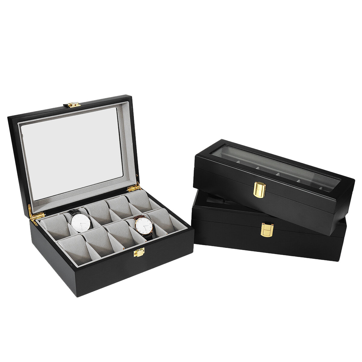 

6/10/12 Slots Black with Window Wooden Watch Box Jewellery Display Collection Storage Box