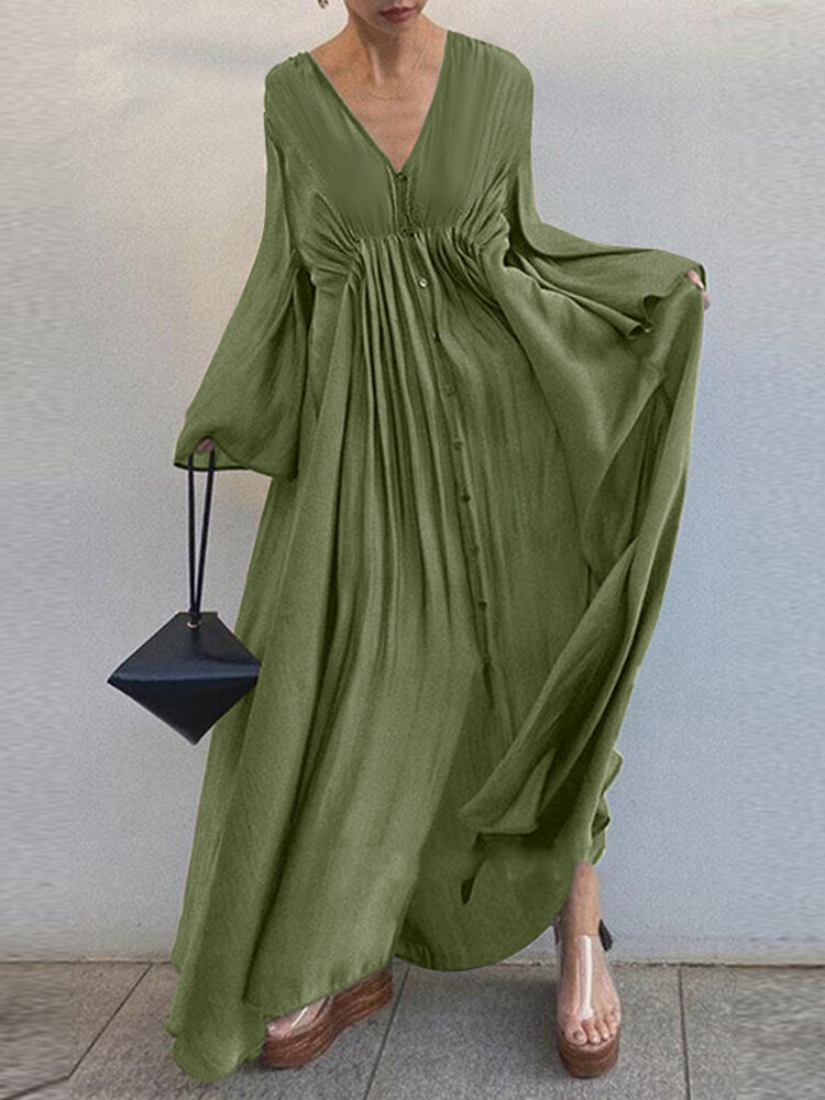 Solid Color V-neck Long Sleeve Big Swing Pleated Button Casual Maxi Dress...