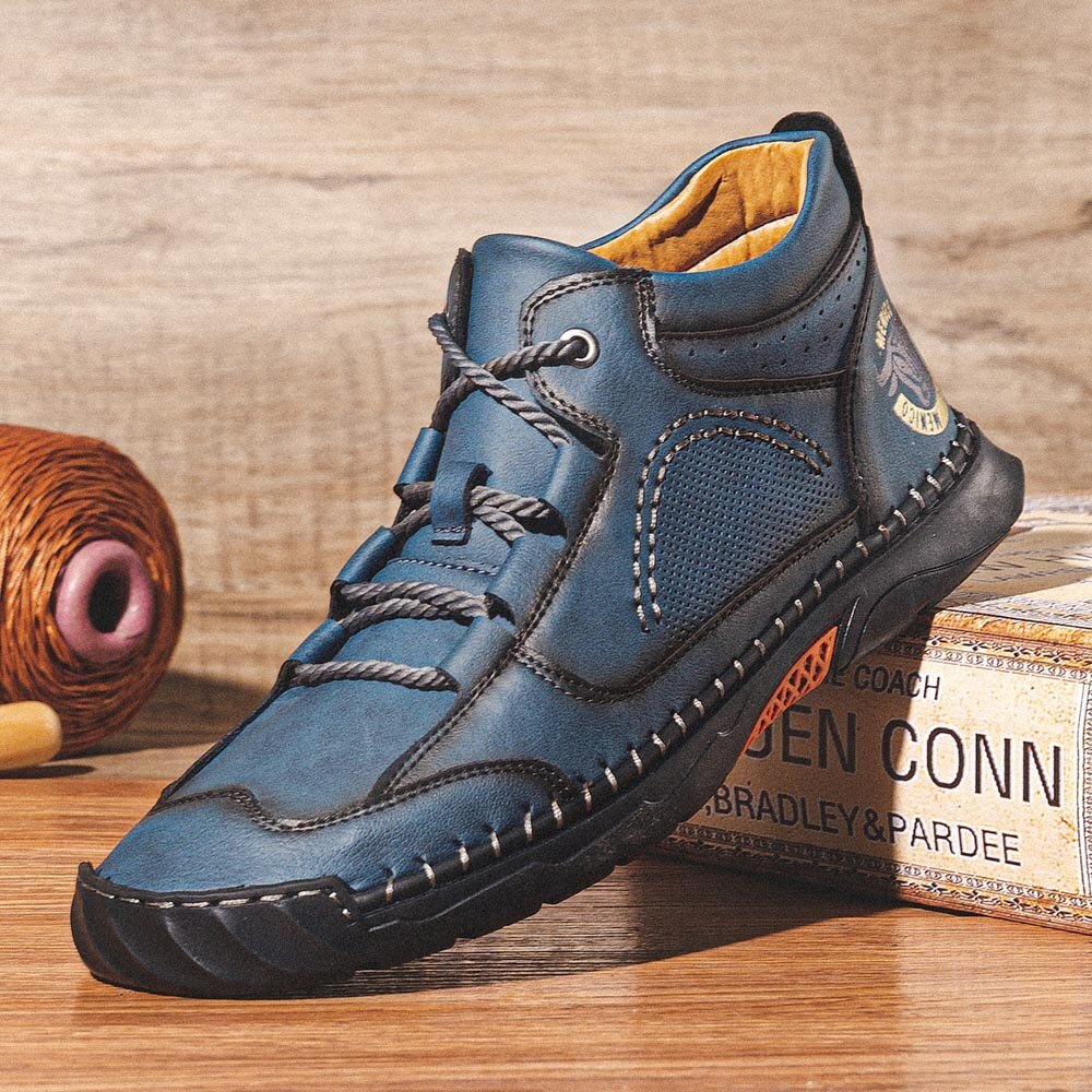 Men Microfiber Leather Hand Stitching Breathable Soft Sole Comfy Brief Lace Up Casual Shoes