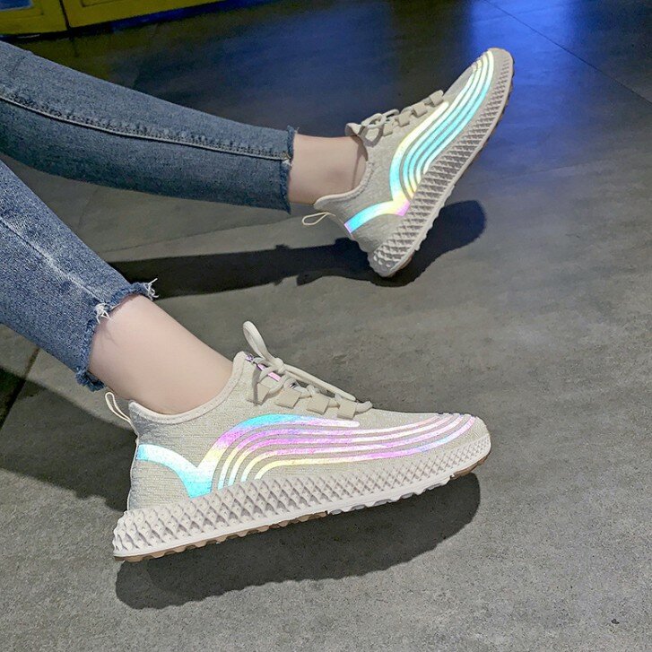 Reflektif Renk Koşu Ayakkabıları Dokuma Hafif Nefes Alabilen Kaymaz Spor Sneaker Yürüyüş Yürüyüş Ayakkabıları