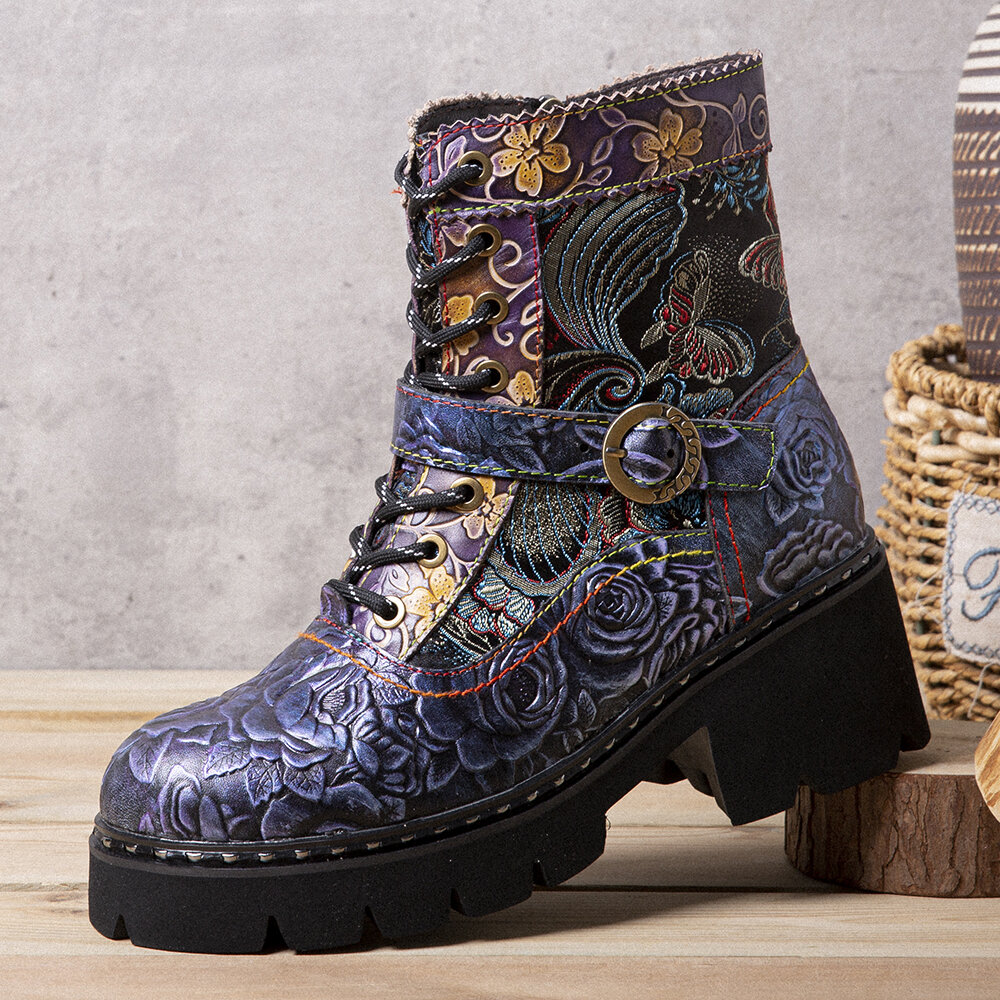 Socofy women retro ethnic style rub color side-zip embroidery leather mid-tube boots