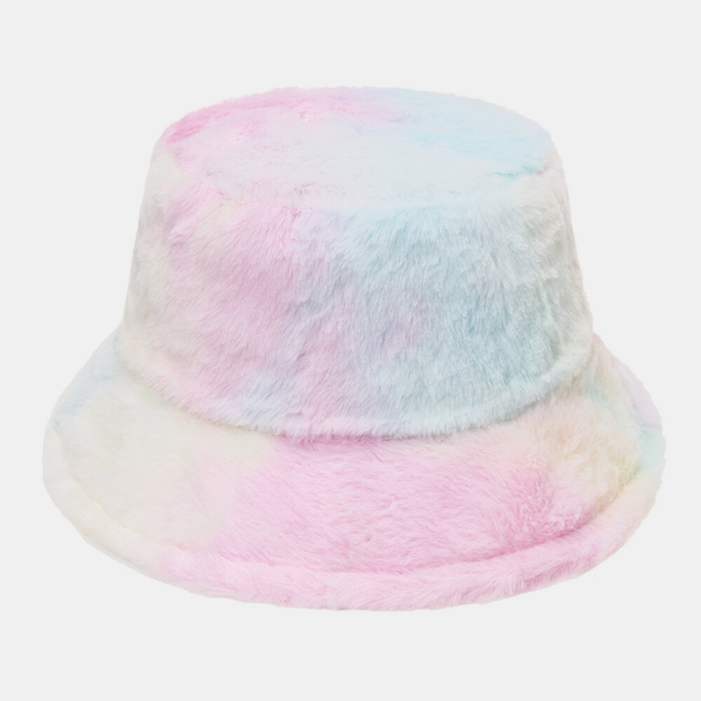 Unisex Rabbit Hair Color Gradient Rainbow Plush Warm All-match Casual Outdoor Bucket Hat