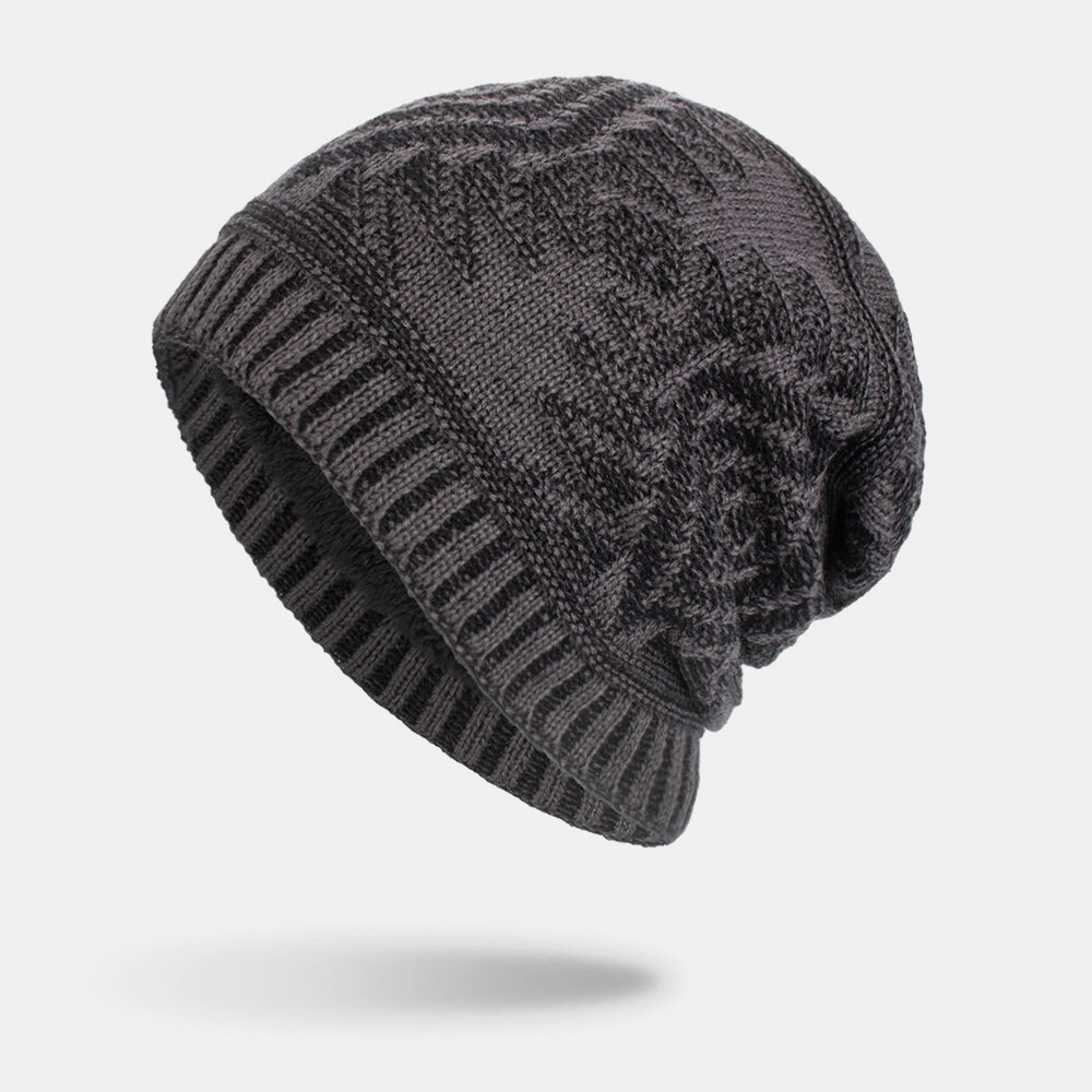 Men Wool Diamond Pattern Outdoor Keep Warm Brimless Beanie Knitted Woolen Hat