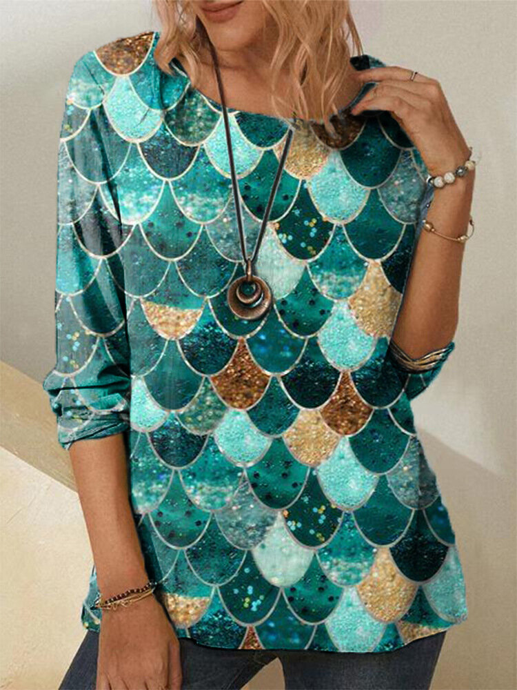 Print O-neck Long Sleeve Plus Size Casual Blouse for Women