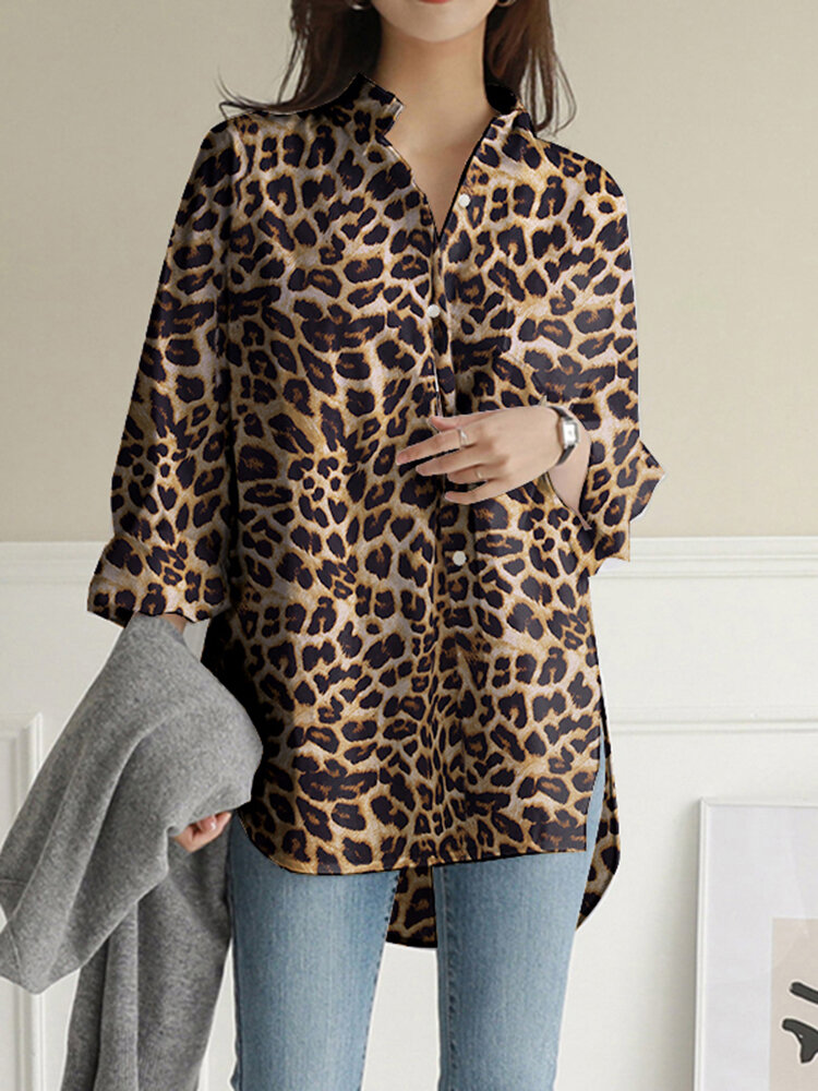 Dames luipaard revers hoge lage split zoom losse lange mouw blouses