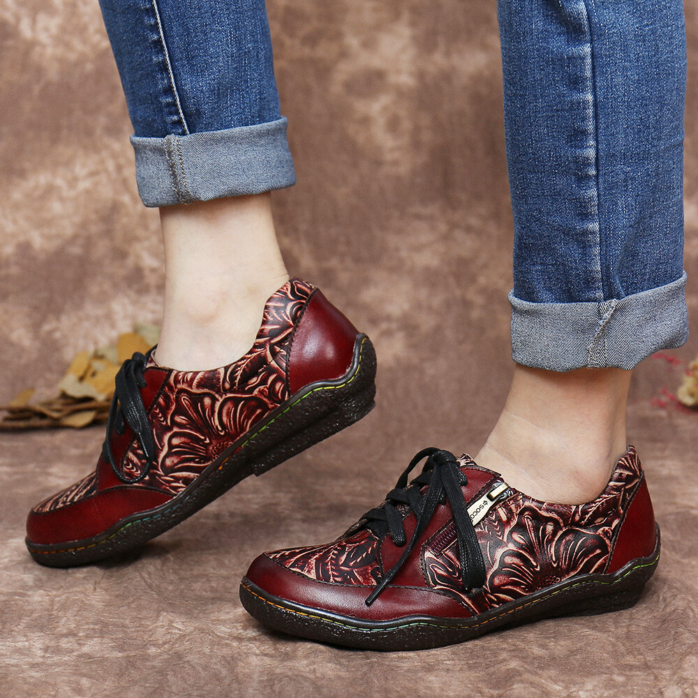 

SOCOFY Кожаные туфли на плоской подошве с цветочным узором и шнуровкой с боковой молнией ручной работы SOCOFY