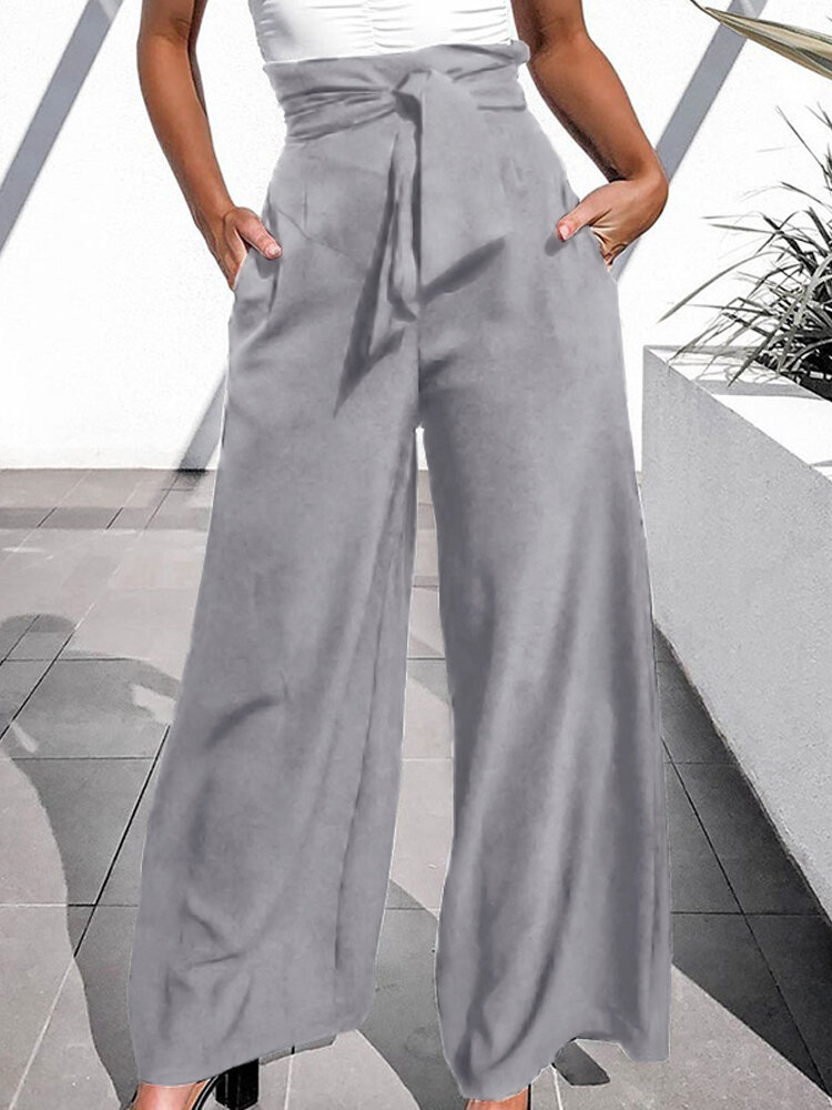 100% Polyester Solid Pleated Side Pockets Pants For Women