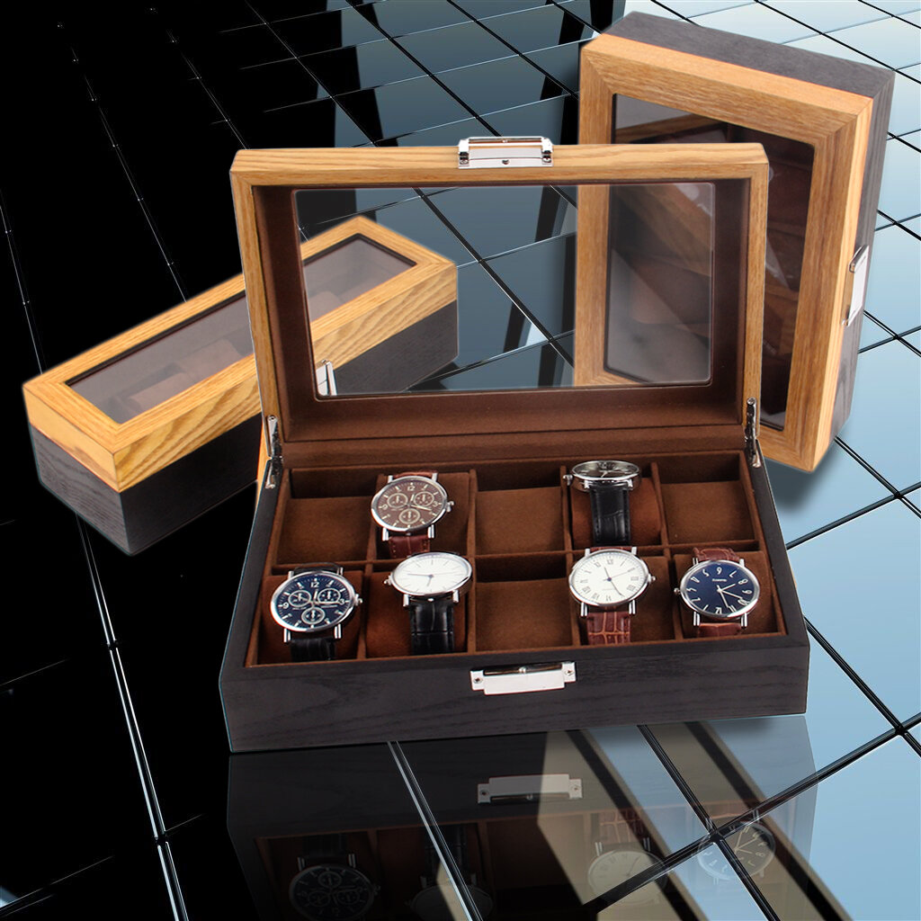 Retro 6/10/12 Slots Wooden Watch Box with Skylight Wristwatch Jewellery Display Collection Storage B