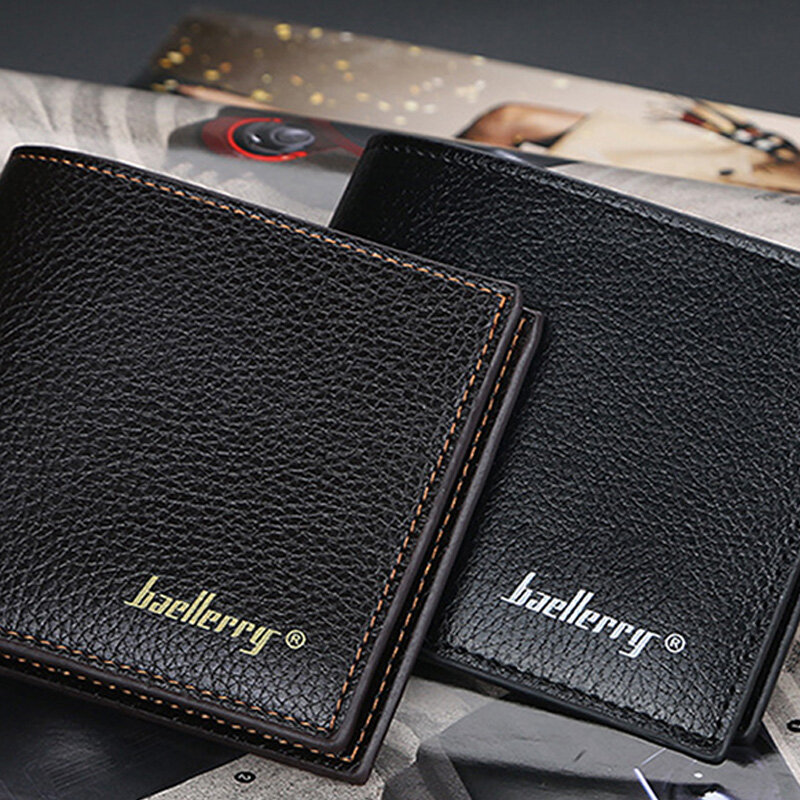 

Men PU Leather Bifold Lychee Pattern Multi Card Slot Retro Business Soft Short Open Wallet