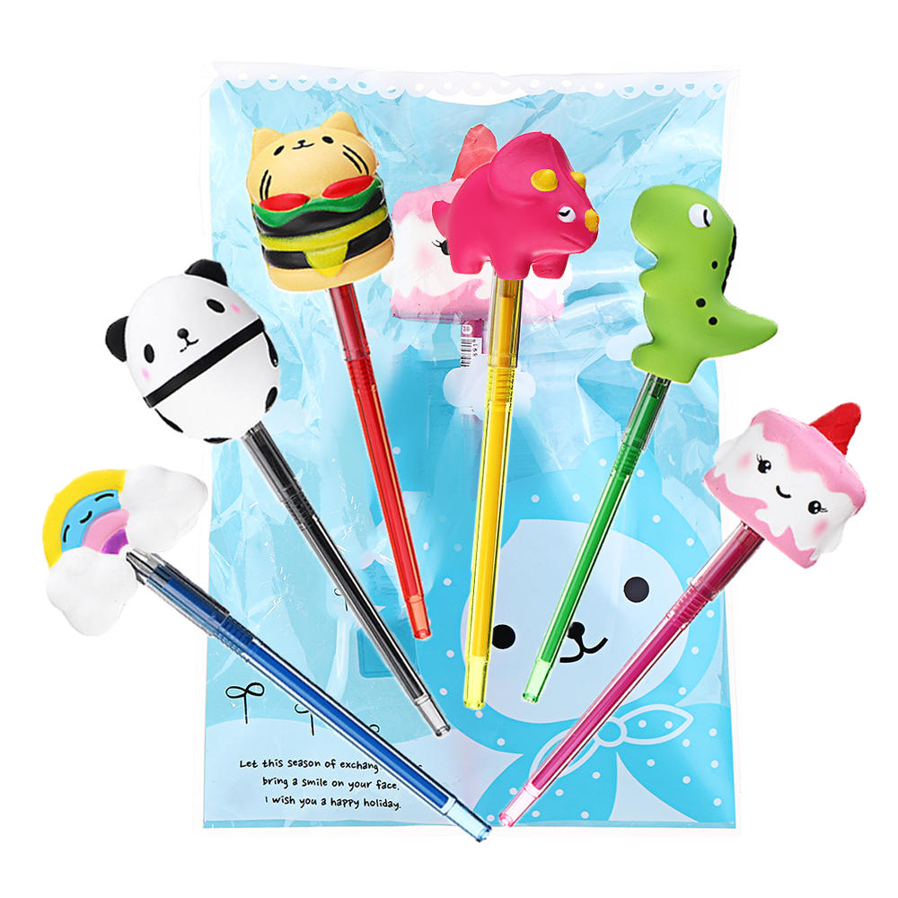 Squishy Pen Cap Panda Dinosaur Unicorn Cake Animal Slow Rising Jumbo With Pen Stress Relief Toys Student School Supplies