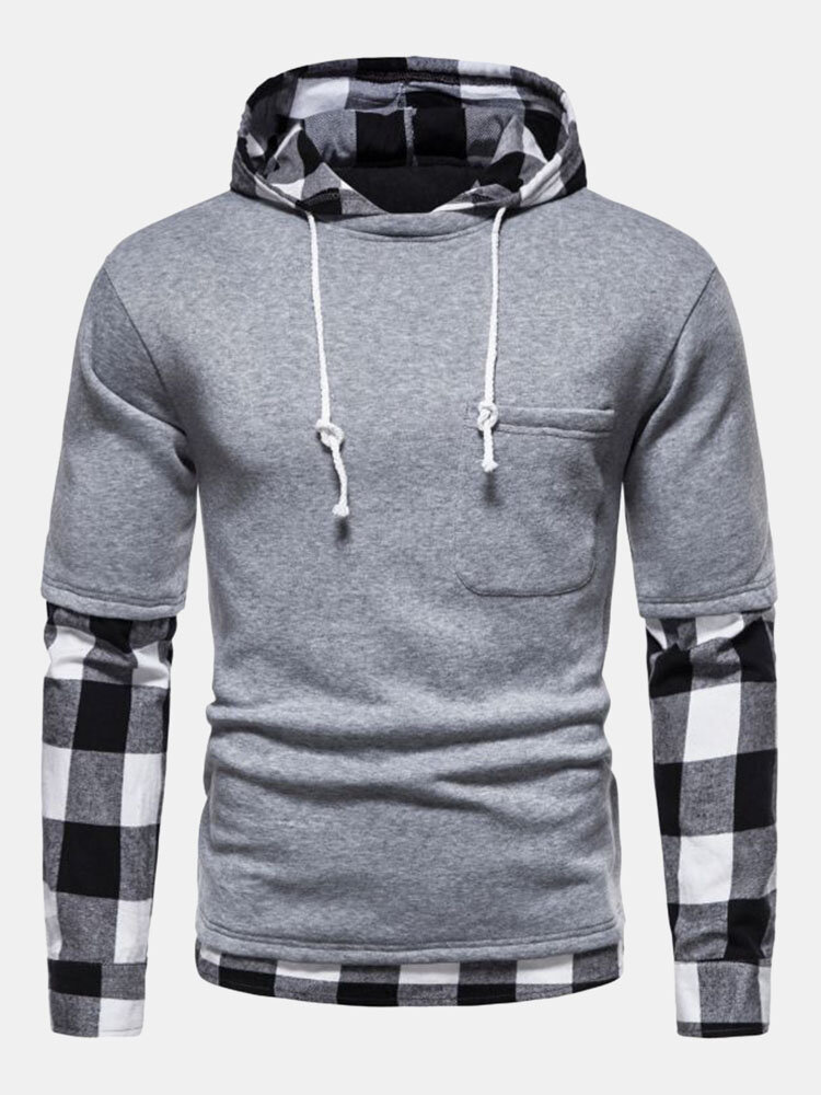 Heren die geruite namaak-sweatshirt met twee contrasterende zakken met capuchon splitsen
