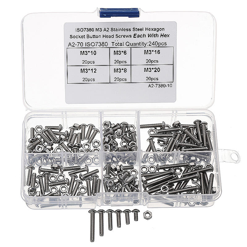 

Suleve™ M3SH2 M3 Stainless Steel Hex Socket Button Head Cap Screw Bolts Nuts Assortment 240pcs