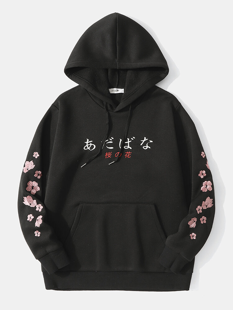 Heren Cherry Blossom Letter Japanse hoodies met kangoeroezak
