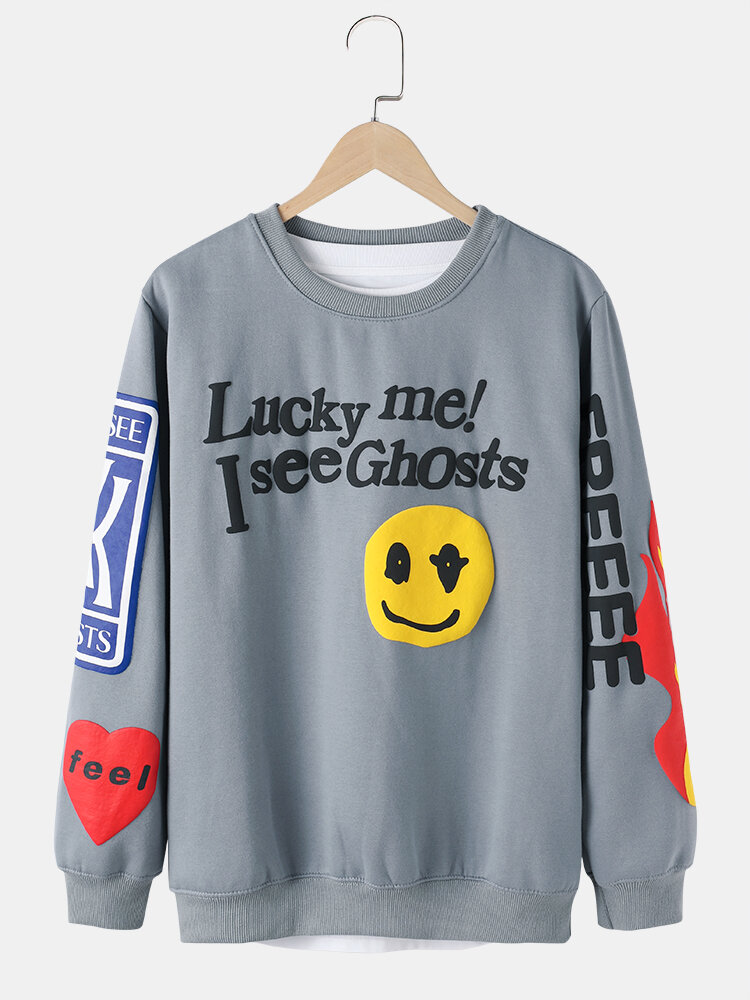 

Mens Smile Emojis Slogan Print Cotton Crew Neck Casual Sweatshirt