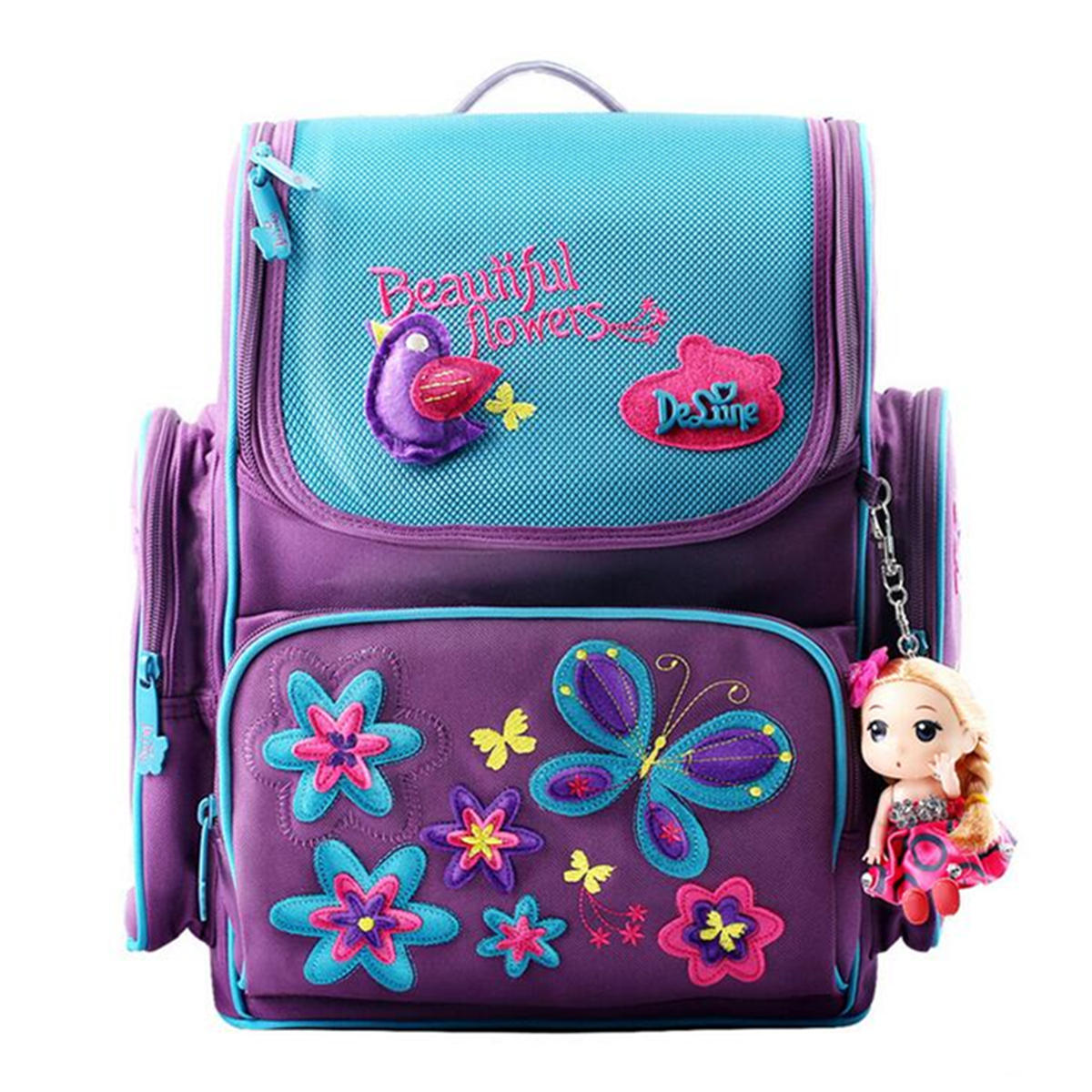 18L Girls Kids Cartoon School Bag Odblaskowe bezpieczeństwo Wodoodporny plecak dla dzieci z lalką wisiorek 
