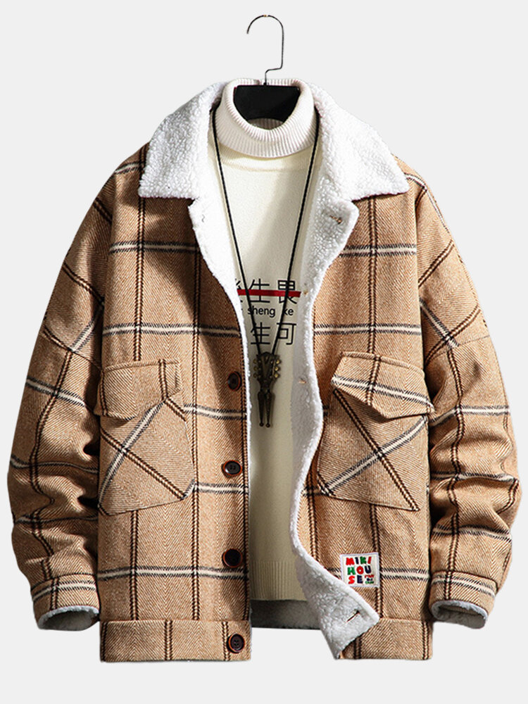 Heren geruite knoop voorzijde revers sherpa gevoerde warme dubbele zak jas