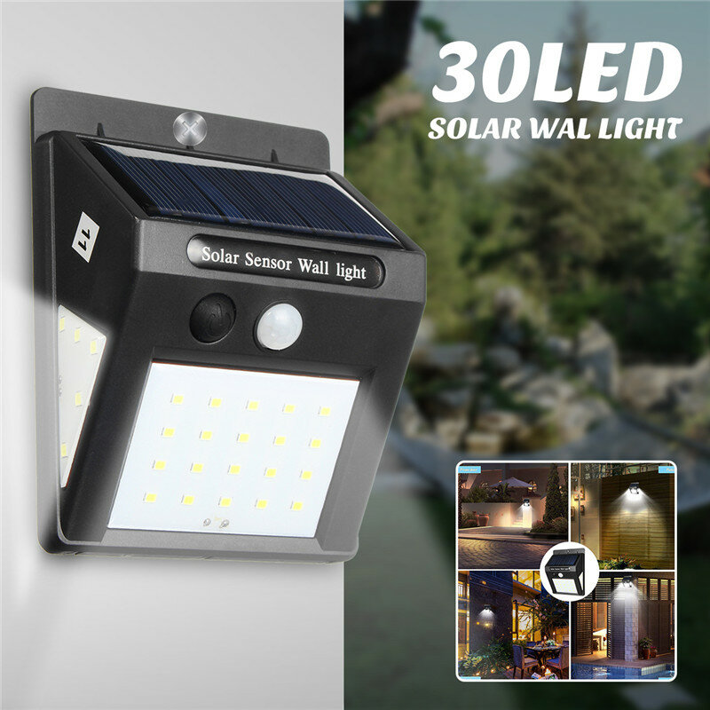 30LED Solar Light PIR Bewegingssensor Wandlamp Beveiliging Tuin 3-zijdige buitenverlichting