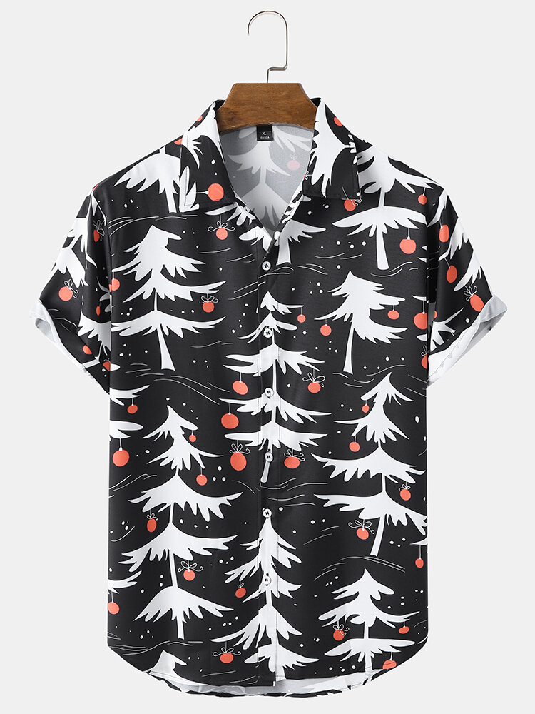 Men Christmas Trees Button Lapel Contrast Short Sleeve Casual Shirts