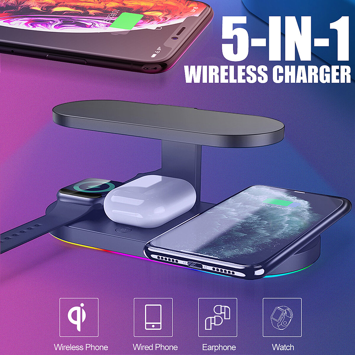 5-in-1 Wiress Phone Earphone Watch Charging Station Fast Charger UV滅菌