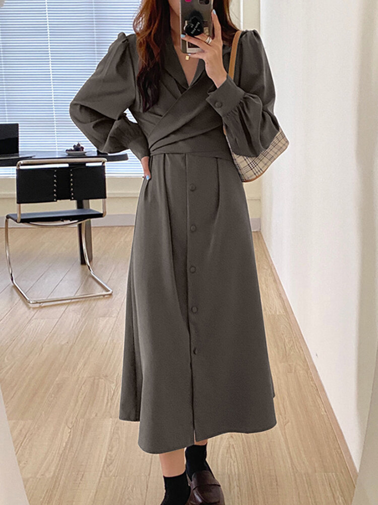 Dames Revers Tie Back Puff Sleeve Solid Casual Shirt Maxi-jurken
