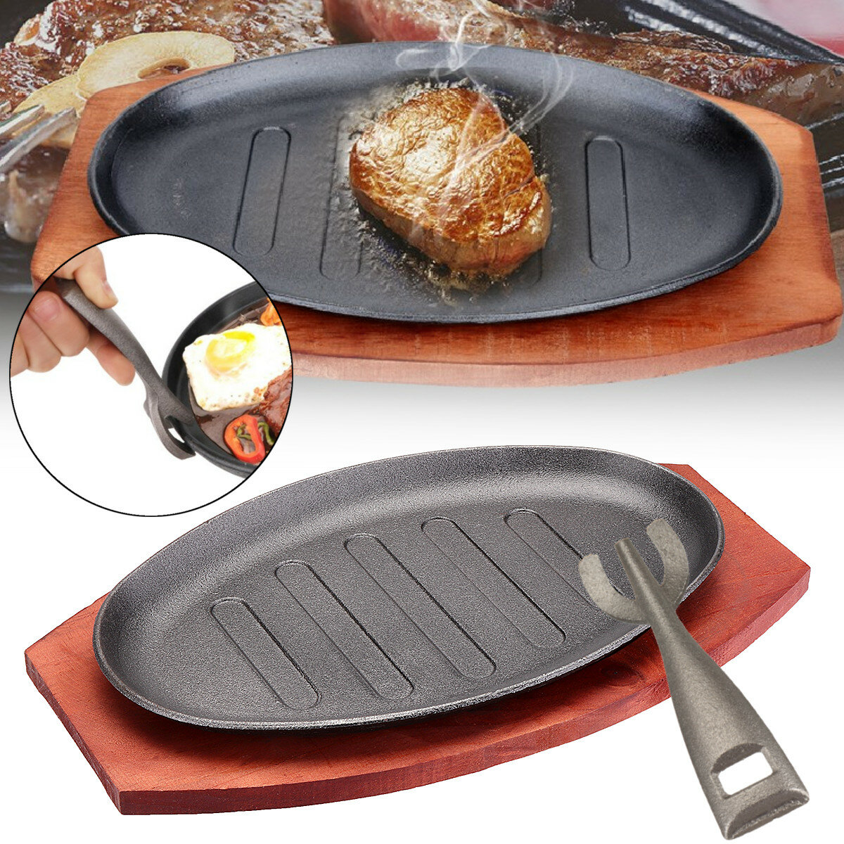 3 Formati Cast Iron Steak Fajita Sizzling Platter Piatto BBQ Grill Pan cottura supporto in legno