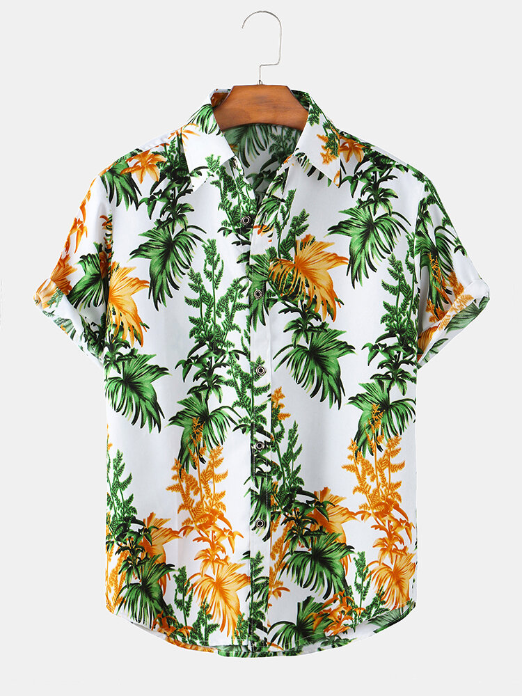 Mens tropische bladeren afdrukken revers kraag vakantie casual shirts met korte mouwen